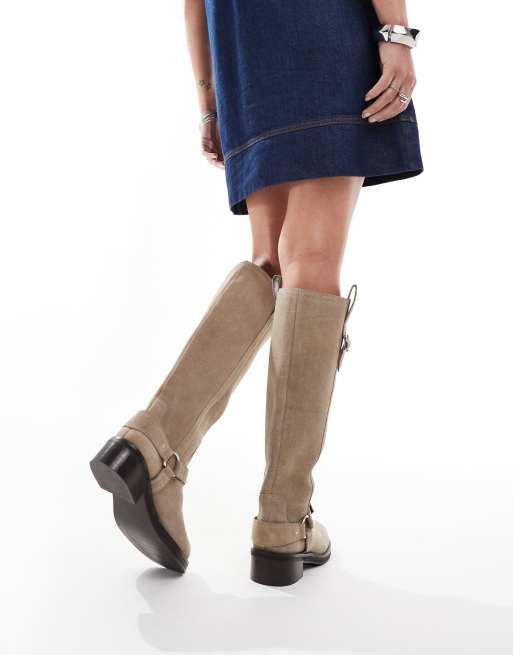 ASOS DESIGN Cora suede harness biker knee boots in taupe