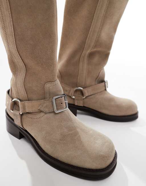ASOS DESIGN Cora suede harness biker knee boots in taupe
