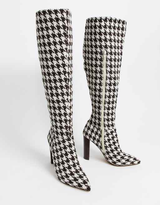 Houndstooth Pattern Lace-Up Front Point Toe Chunky Heeled Classic Boots, CN35 Multicolor Houndstooth Chunky High Heel Elegant PU Leather