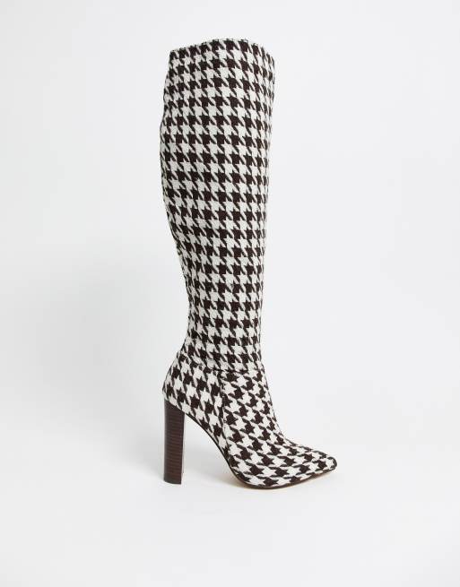 Houndstooth Pattern Lace-Up Front Point Toe Chunky Heeled Classic Boots, CN35 Multicolor Houndstooth Chunky High Heel Elegant PU Leather