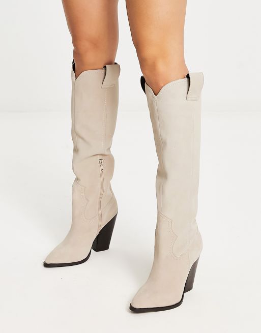 ASOS DESIGN Coral leather western boots in off white