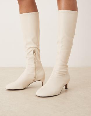 Asos Design Coral Round Toe Sock Knee Boots In White