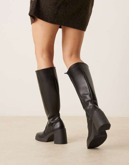 ASOS DESIGN Coraline square toe heeled knee boots in black PU, 2 of 4