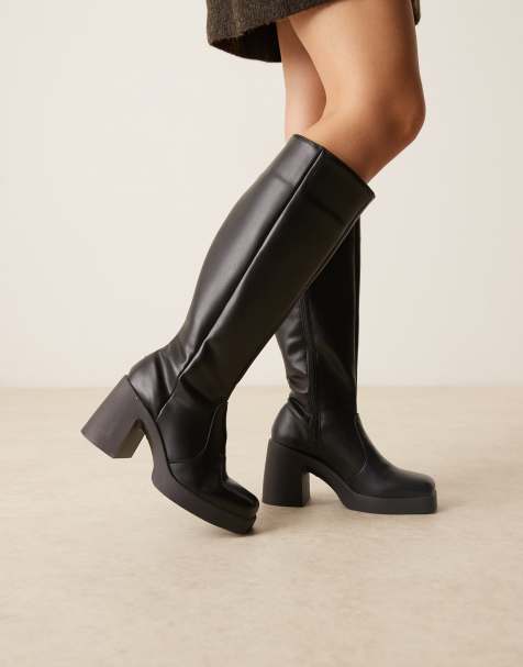 ASOS DESIGN – Coraline – Svarta, knähöga boots i polyester med klack och fyrkantig tå - view 1