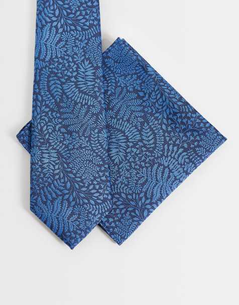 ASOS DESIGN - corbata y pañuelo de bolsillo con estampado floral de hojas en azul marino - view 1