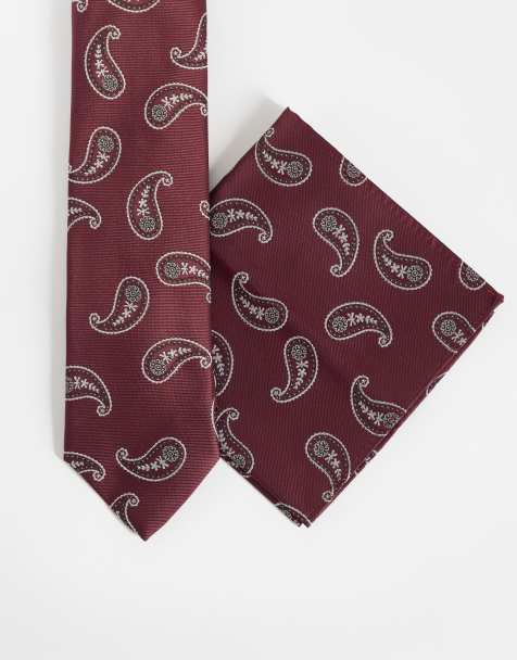 ASOS DESIGN corbata y pañuelo de bolsillo estampado cachemir en burdeos - view 1