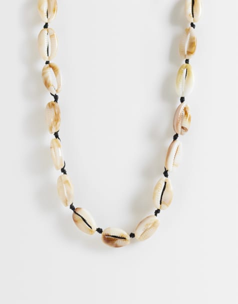 ASOS DESIGN cord and faux shell necklace in cream - view 1