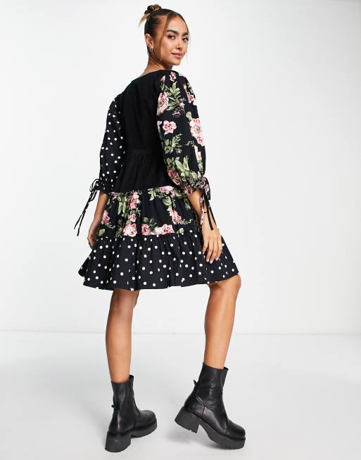 ASOS DESIGN cord and twill mixed print babydoll mini dress, 2 of 4