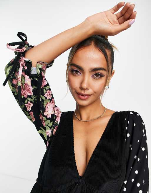 ASOS DESIGN cord and twill mixed print babydoll mini dress, 3 of 4