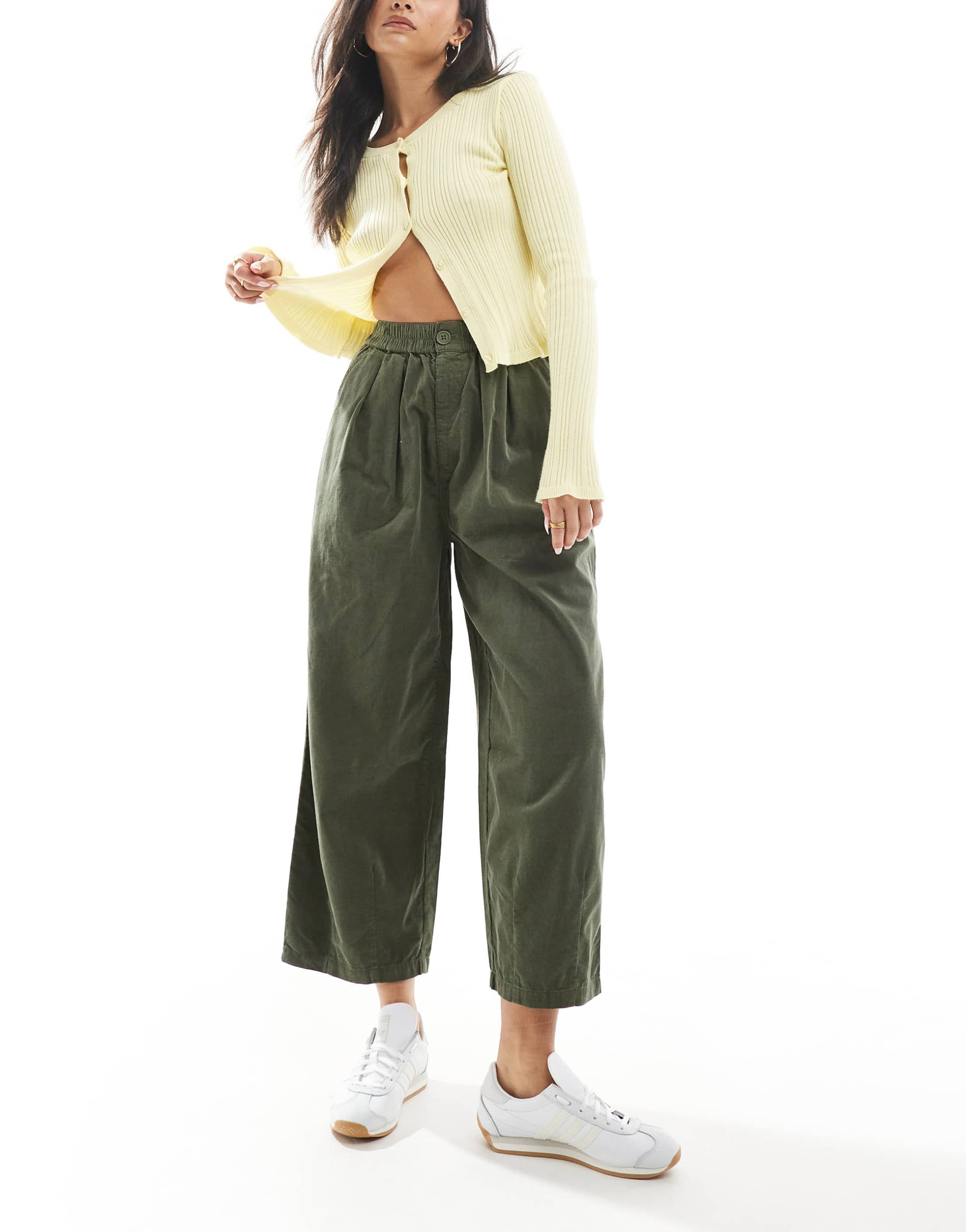 asos design cord ankle grazer balloon pants in khaki
