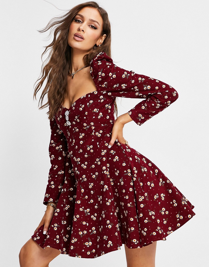 ASOS DESIGN cord babydoll mini dress in red print with diamante buttons-Multi