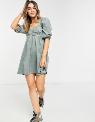 ASOS DESIGN cord babydoll mini dress in sage green | ASOS