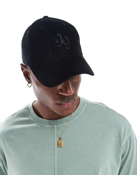 ASOS DESIGN – Cord-Baseballkappe in Schwarz mit Print - view 1