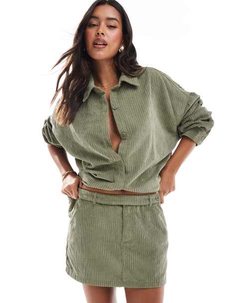 ASOS DESIGN cord belted micro mini skirt co-ord in olive - view 1