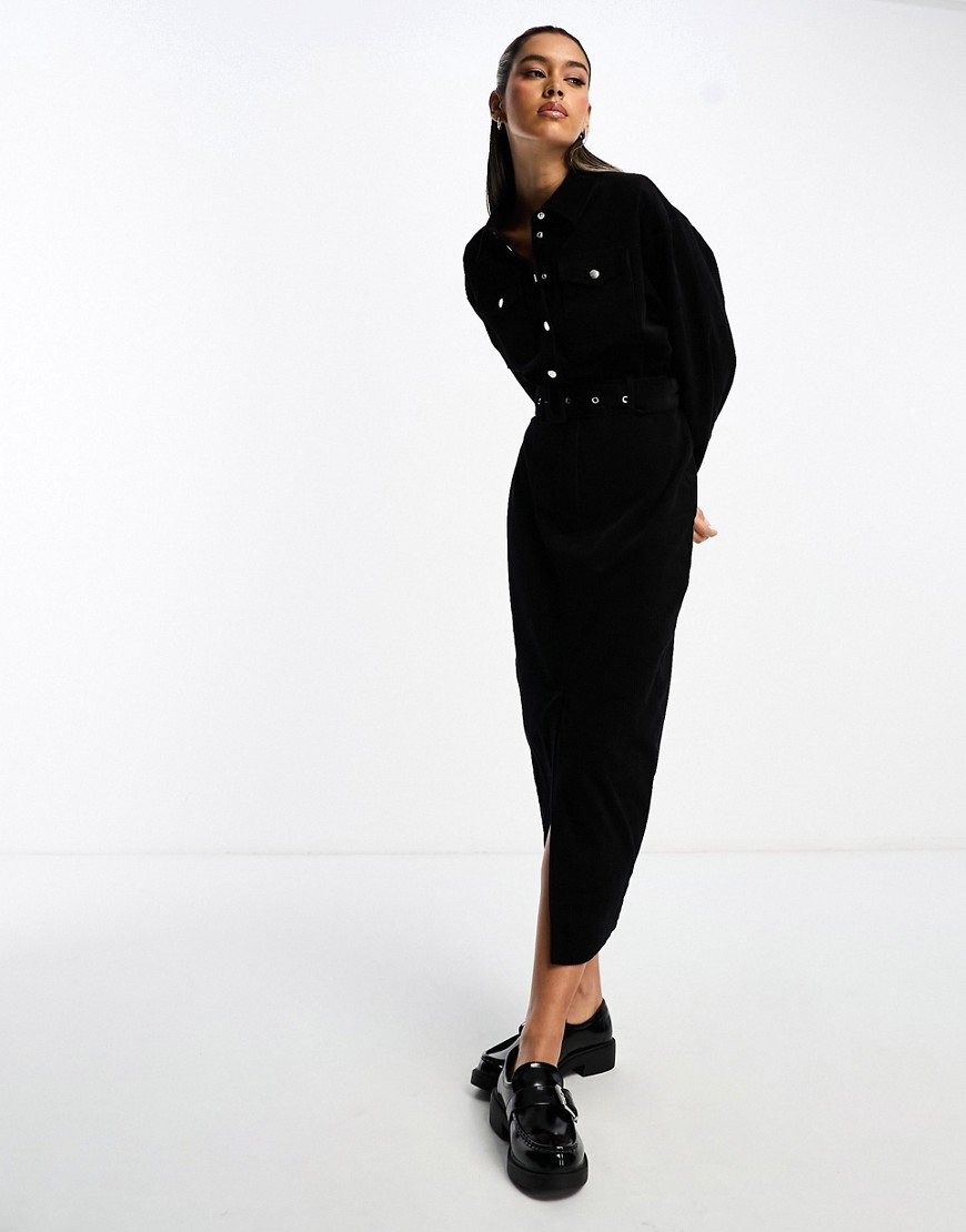 Asos Design Cord Belted Midi Shirt Dress In Black