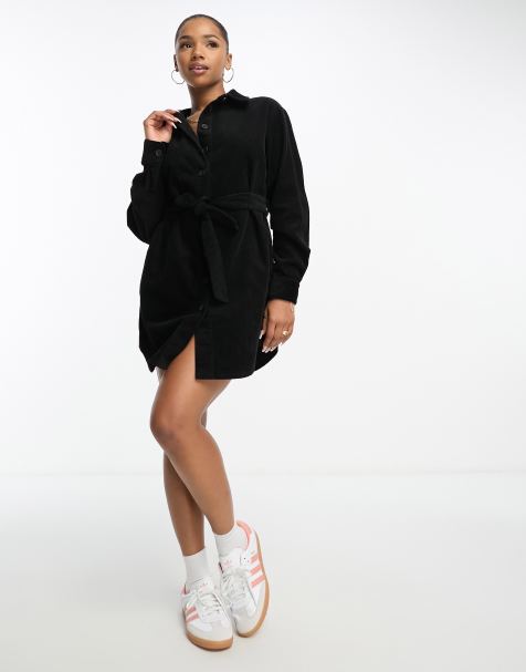 ASOS DESIGN cord belted shirt dress in black - view 1