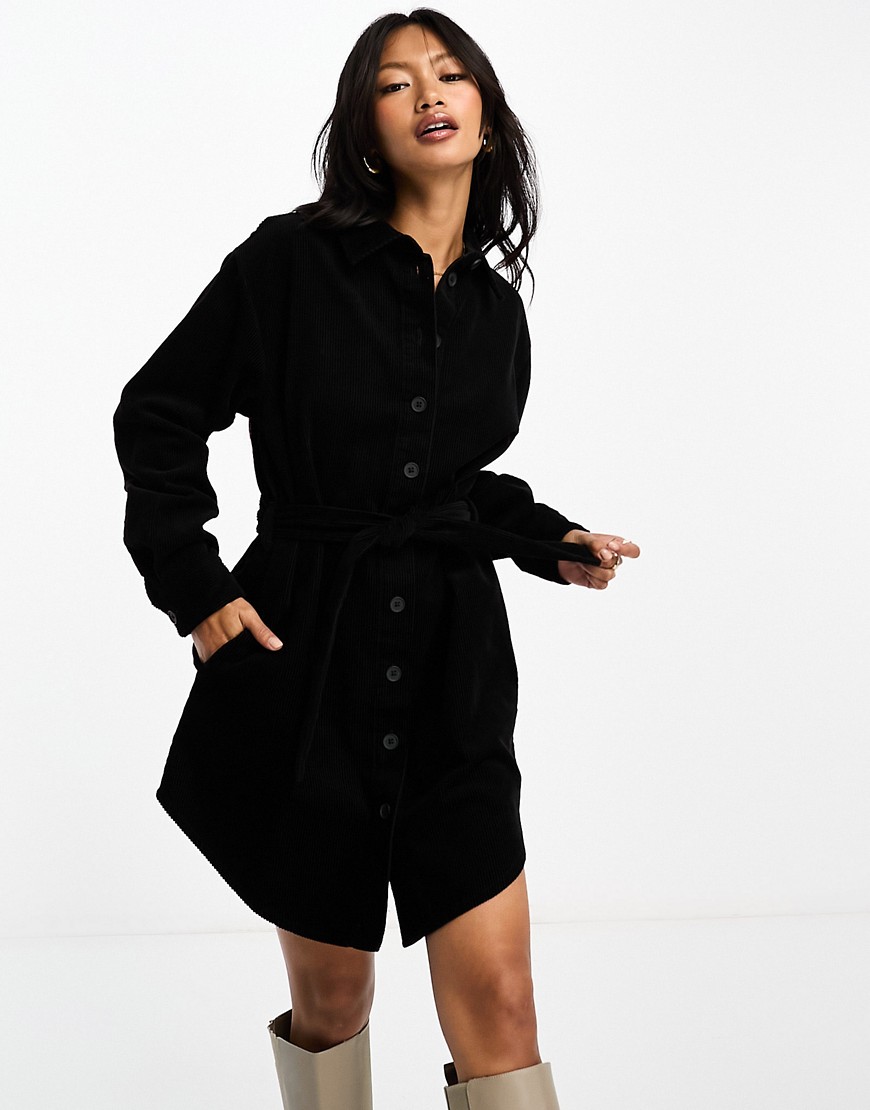 cord belted shirt dress in black