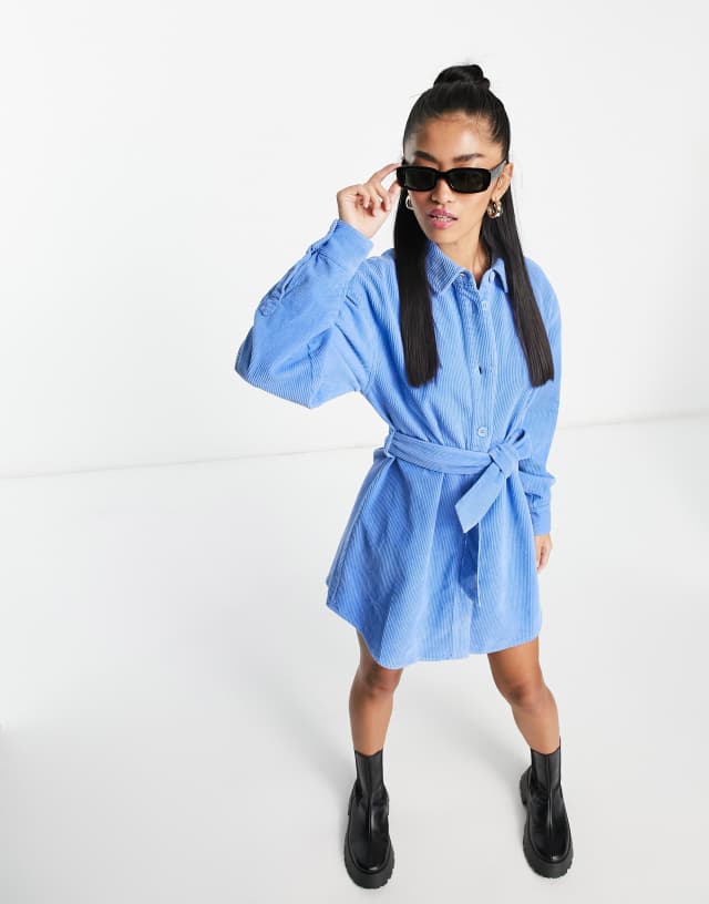 ASOS DESIGN cord belted shirt dress in blue