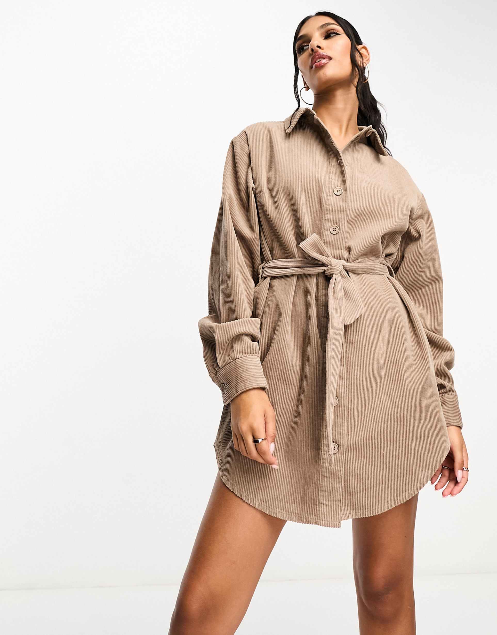 asos design cord belted shirt dress in brown