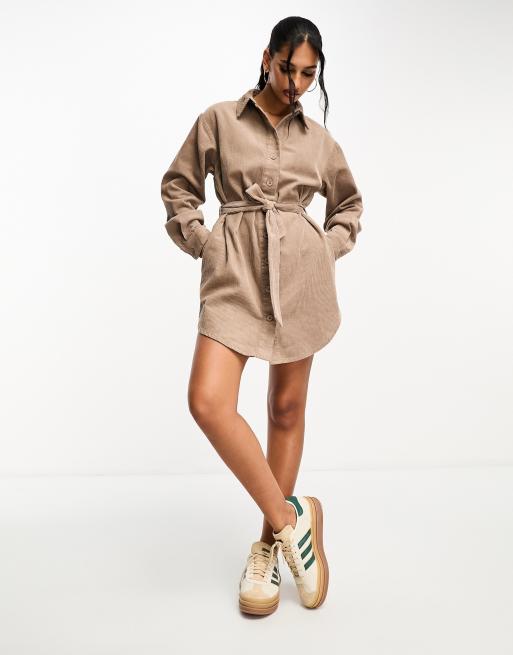 ASOS Design Long Sleeve Tie Belt Cotton Corduroy Shirtdress in Brown