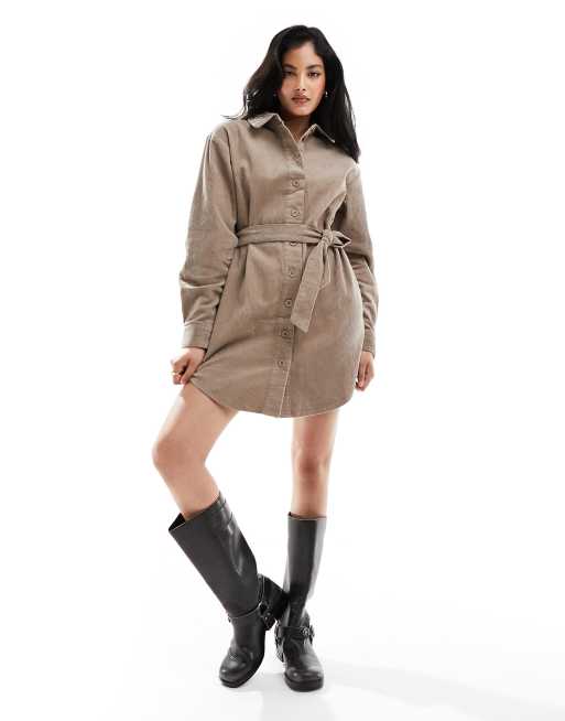 ASOS DESIGN cord belted shirt dress in brown