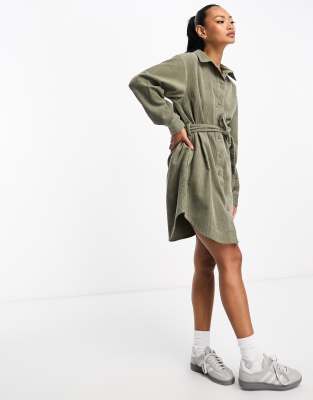 Asos Design Cord Belted Shirt Dress In Khaki-green