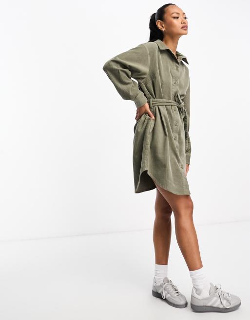 ASOS DESIGN cord belted shirt dress in khaki