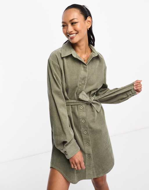 ASOS DESIGN cord belted shirt dress in khaki ASOS