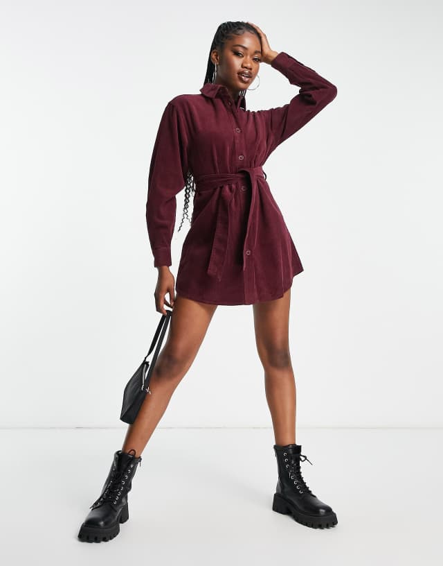 ASOS DESIGN cord belted shirt dress in maroon