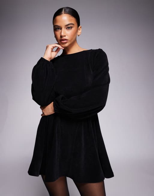 ASOS DESIGN cord blouson long sleeve waisted detail mini dress in black