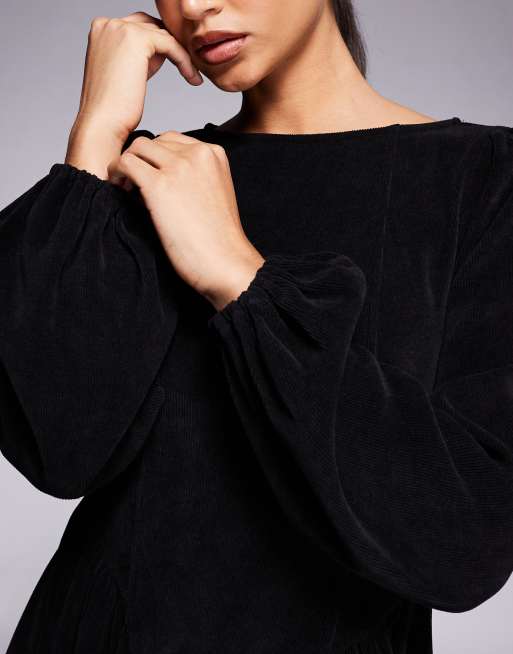 ASOS DESIGN cord blouson long sleeve waisted detail mini dress in black, 3 of 4