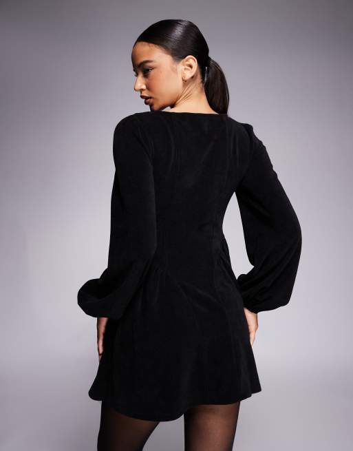 ASOS DESIGN cord blouson long sleeve waisted detail mini dress in black