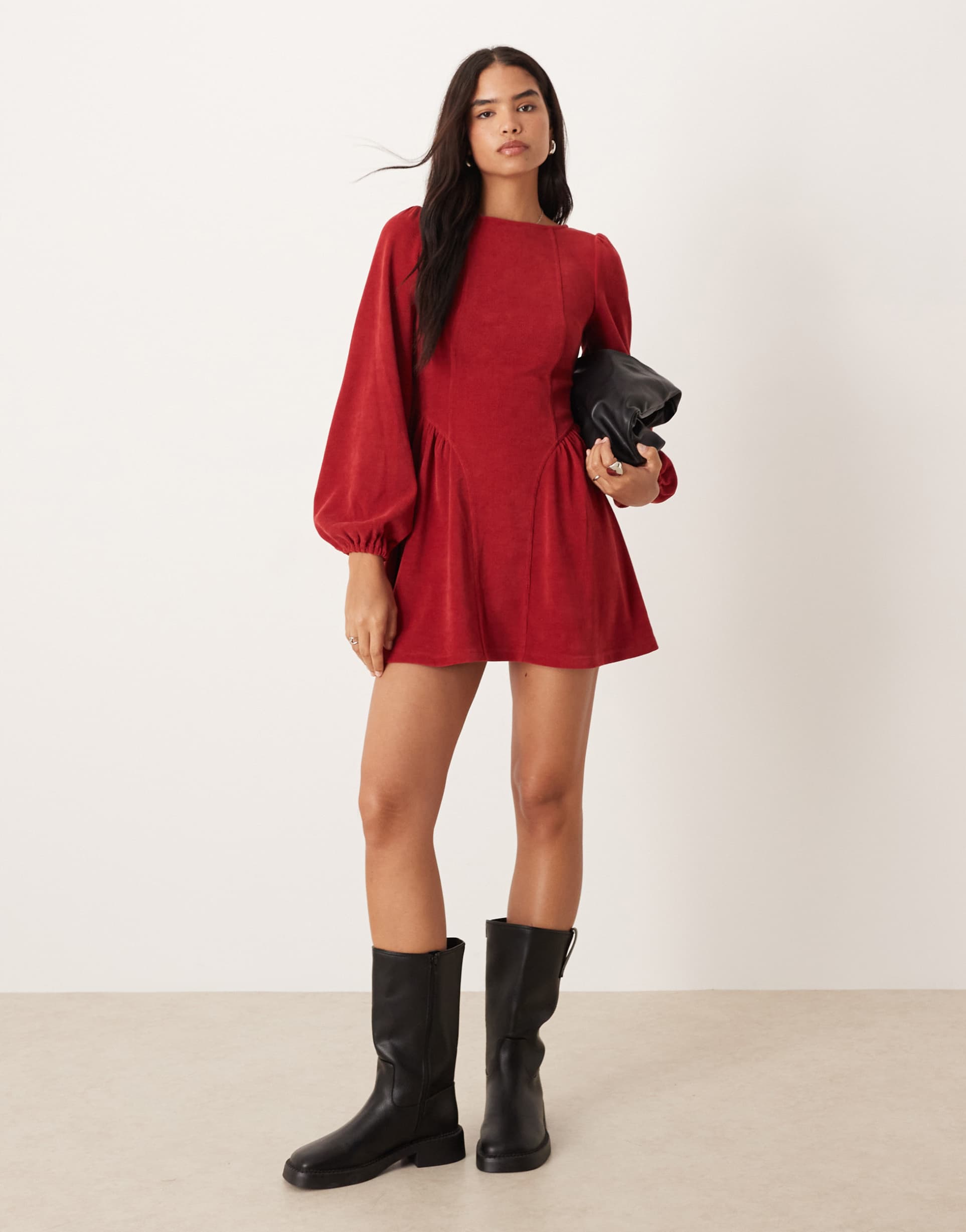 asos design cord blouson long sleeve waisted detail mini dress in cherry red