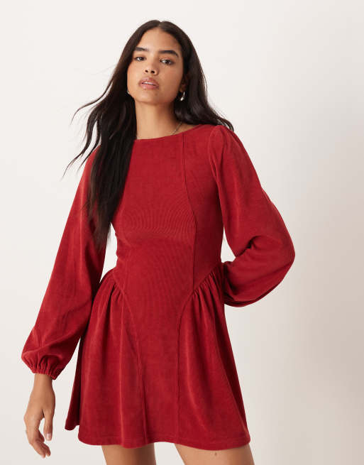 ASOS DESIGN cord blouson long sleeve waisted detail mini dress in cherry red