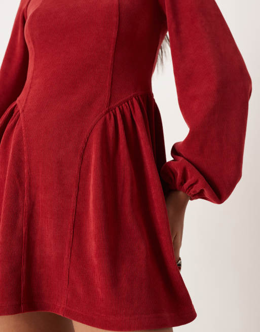 ASOS DESIGN cord blouson long sleeve waisted detail mini dress in cherry red
