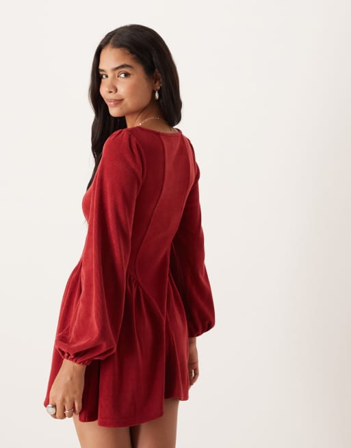 ASOS DESIGN cord blouson long sleeve waisted detail mini dress in cherry red