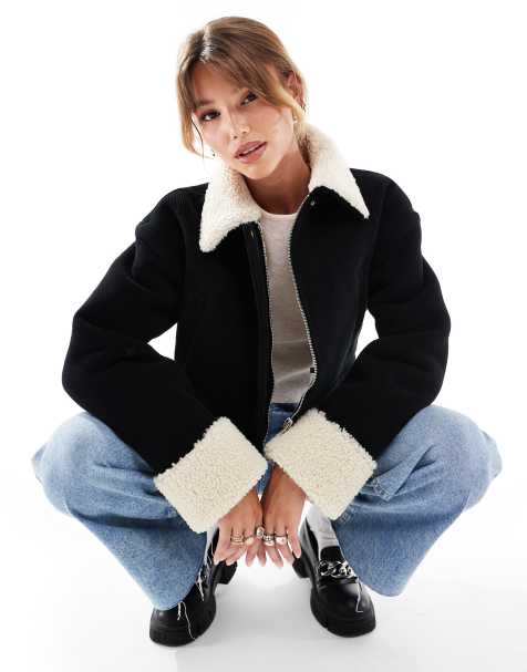 ASOS DESIGN cord bonded jacket with shearling collar in black - view 1