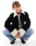 [ASOS DESIGN] ASOS DESIGN cord bonded jacket with shearling collar in black M Black