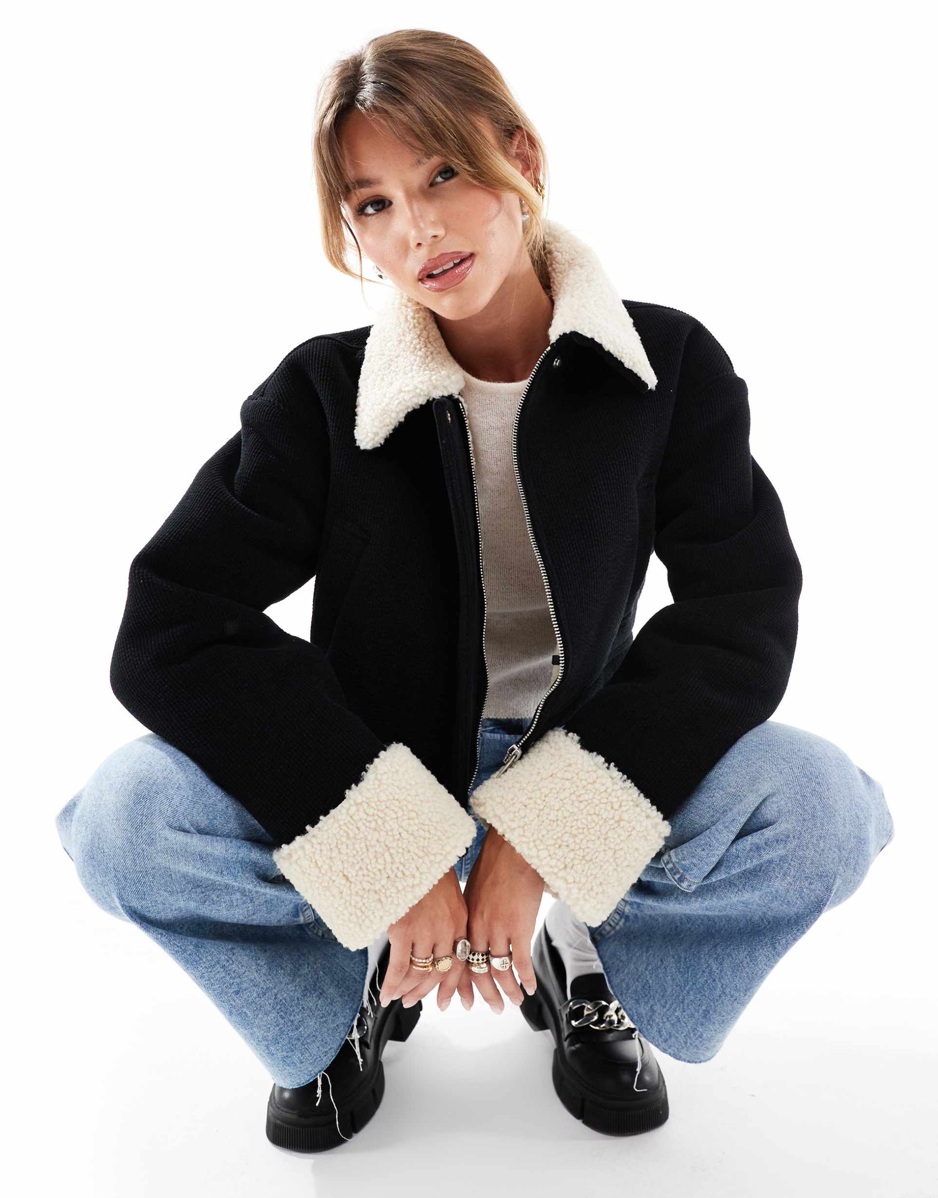 asos design cord bonded jacket with shearling collar in black