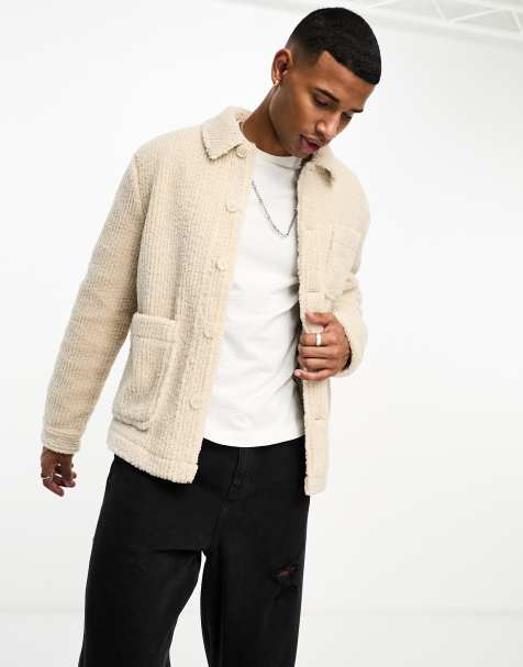 ASOS DESIGN cord borg shacket in ecru - view 1