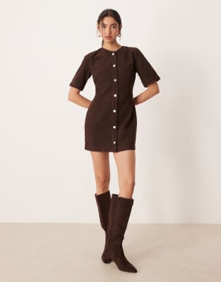 Asos Design Cord Button Through Mini Dress In Brown