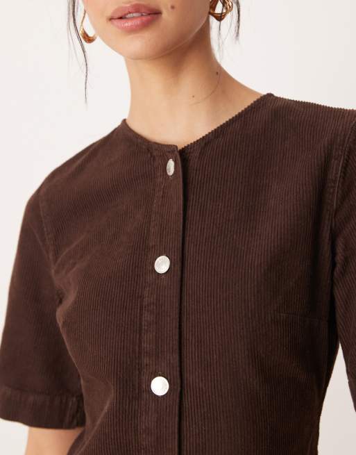ASOS DESIGN cord button through mini dress in chocolate brown, 3 of 4