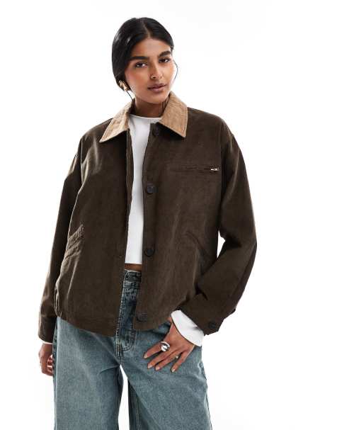 ASOS DESIGN cord collar barn jacket in chocolate - view 1