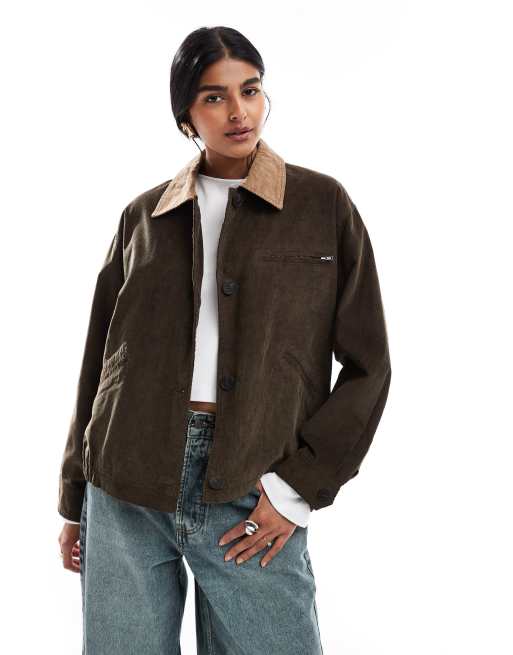 ASOS DESIGN cord collar barn jacket in chocolate