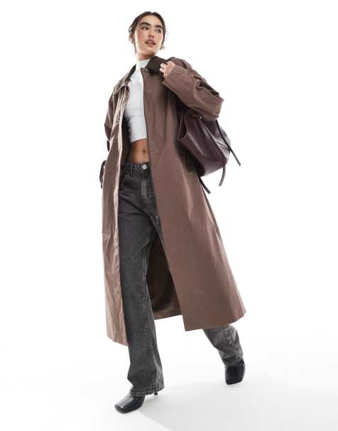 ASOS DESIGN cord collar trench coat in brown - view 1