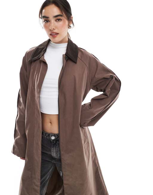 ASOS DESIGN cord collar trench coat in brown, 3 of 4