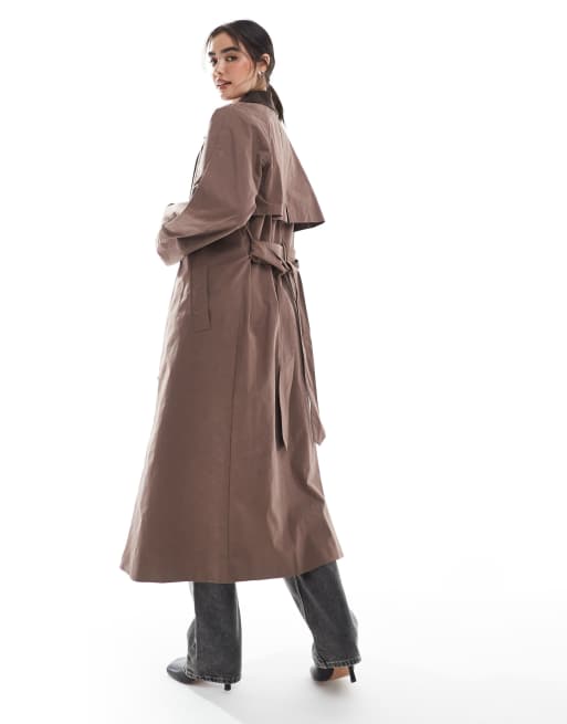 ASOS DESIGN cord collar trench coat in brown