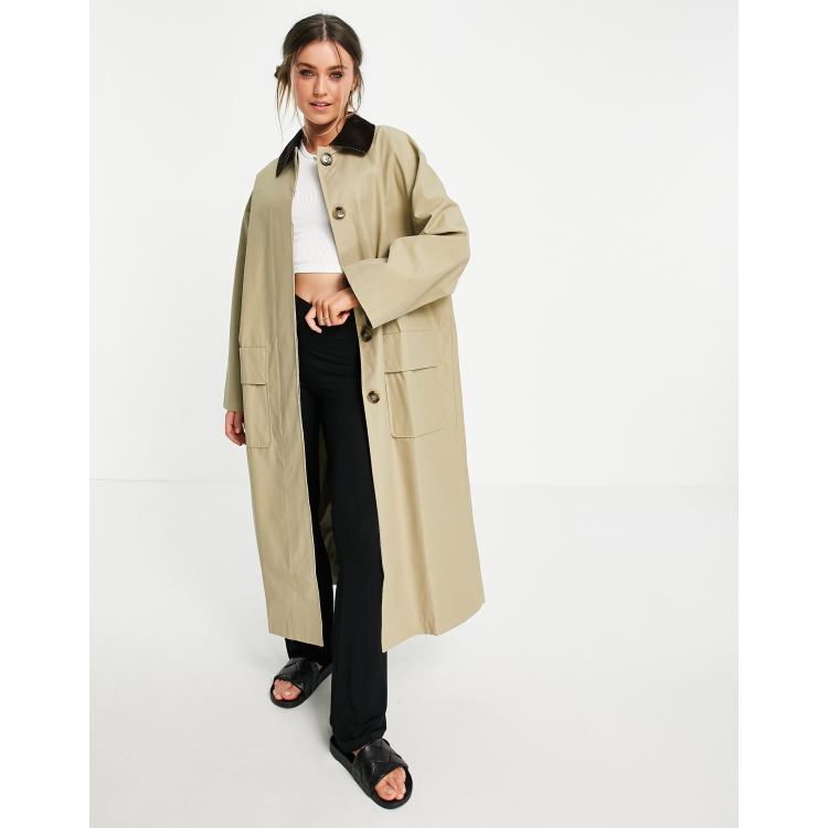 ASOS DESIGN cord collared boyfriend trench coat in stone | ASOS