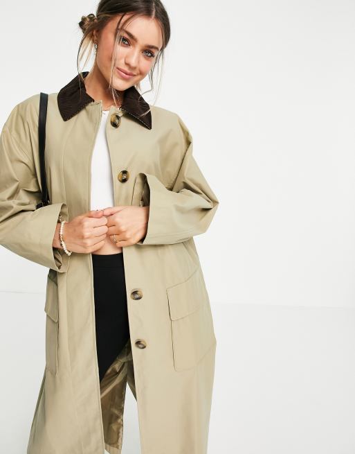 ASOS DESIGN cord collared boyfriend trench coat in stone | ASOS