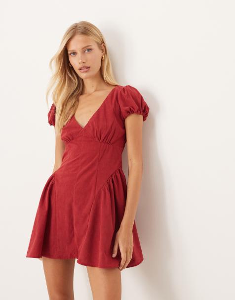 ASOS DESIGN cord corset waist mini dress with puff sleeve in cherry red - view 1